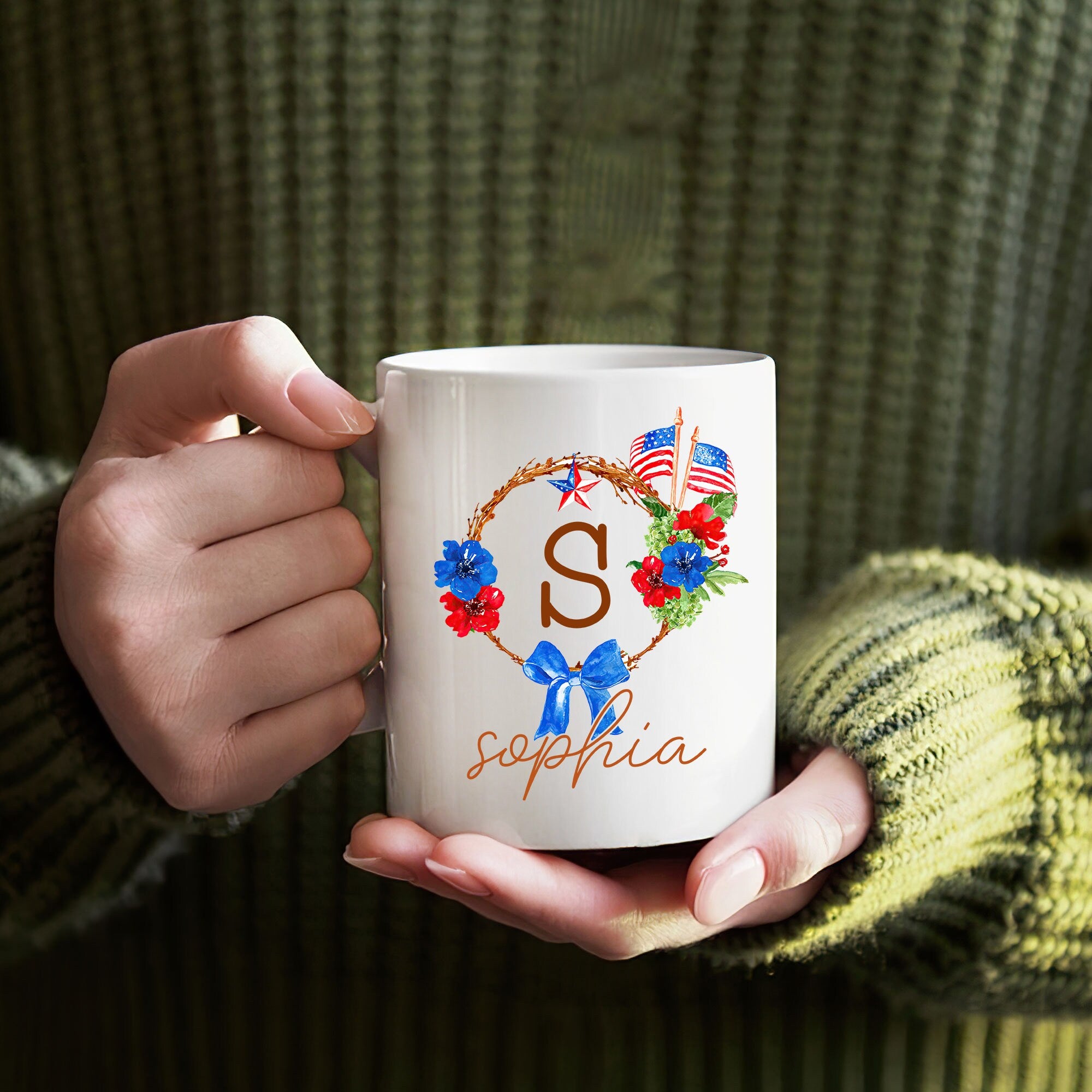 Personalized Flower Mug, 4th of July Flowers Mugs, US Flag Floral Frame Coffee Mug, Custom Name Coffee Cup, Independence Day Gift