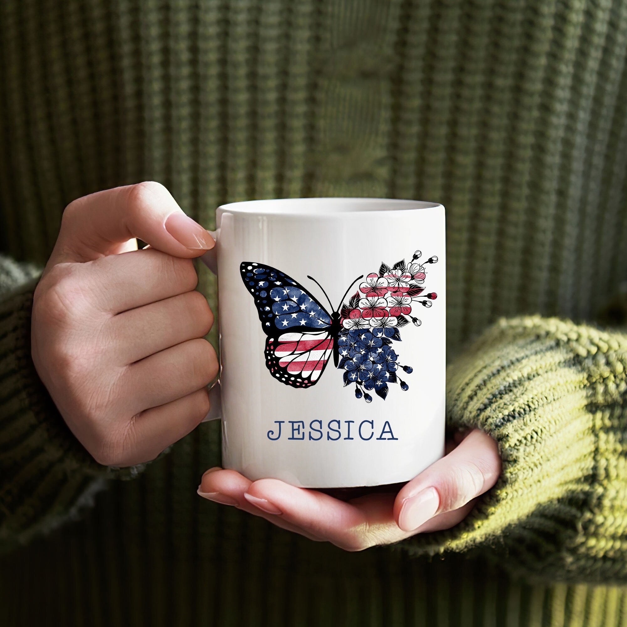 Personalized Butterfly Mug, Butterfly & Flower US Flag Mugs, 4th of July Coffee Mug, Custom Name Coffee Cup, Independence Day Gift