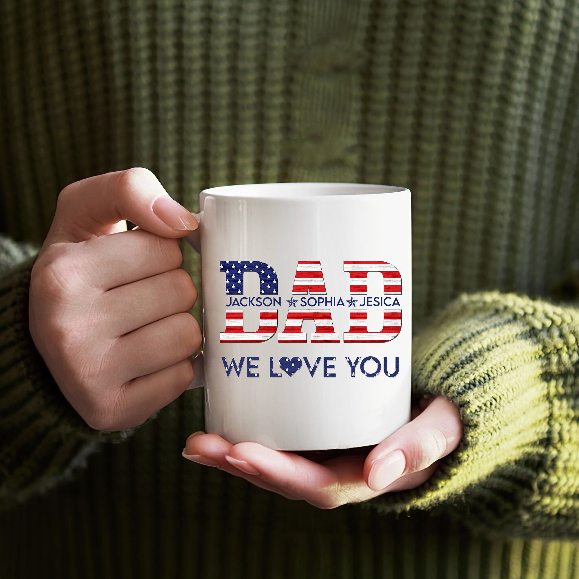 Personalized Dad Mug, Patriotic Dad US Flag Coffee Mug, 4th of July Mugs, Custom Kid's Name Coffee Cup, Gift for Dad, Father's Day Gift