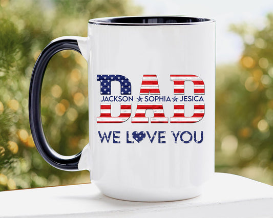 Personalized Dad Mug, Patriotic Dad US Flag Coffee Mug, 4th of July Mugs, Custom Kid's Name Coffee Cup, Gift for Dad, Father's Day Gift