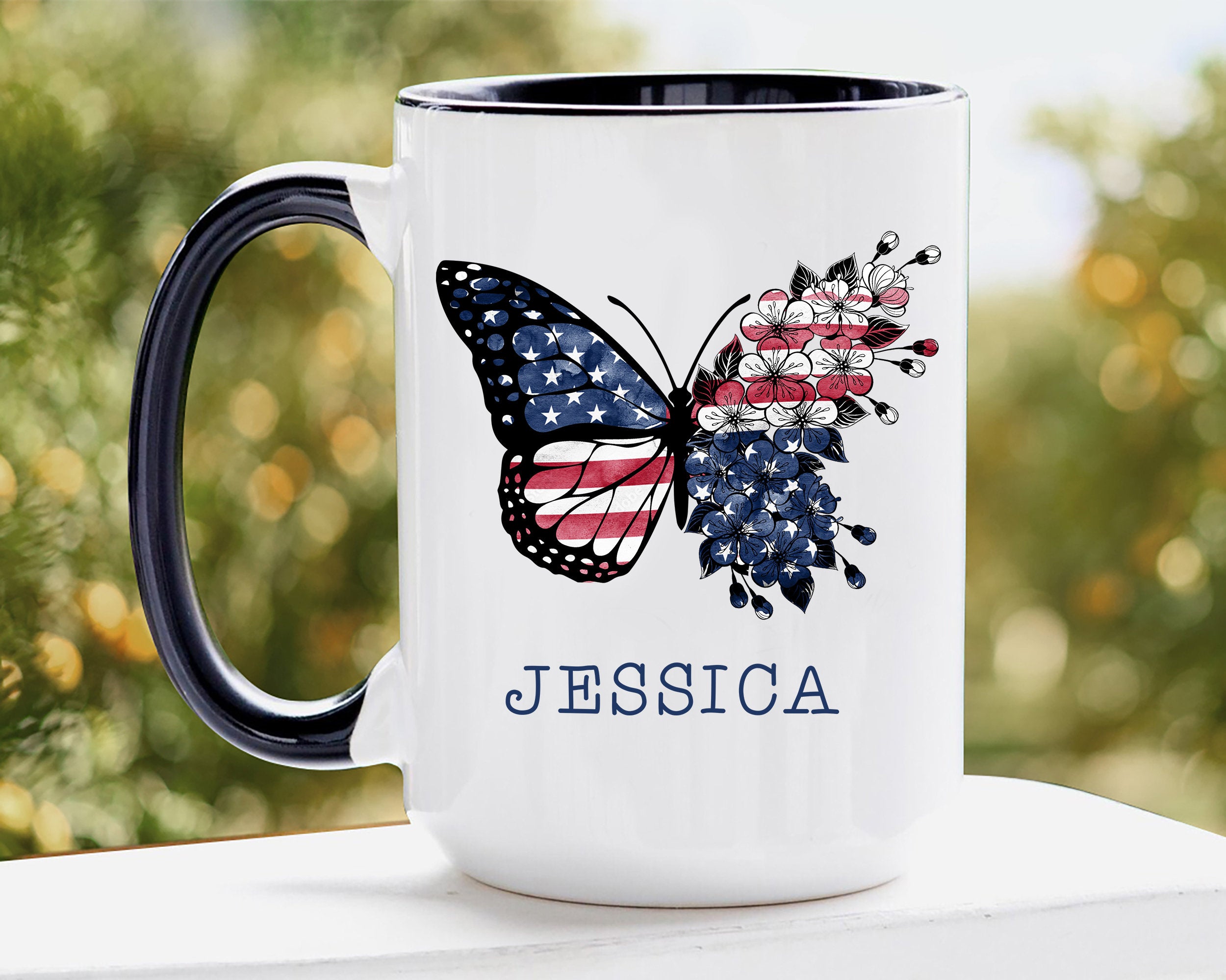 Personalized Butterfly Mug, Butterfly & Flower US Flag Mugs, 4th of July Coffee Mug, Custom Name Coffee Cup, Independence Day Gift