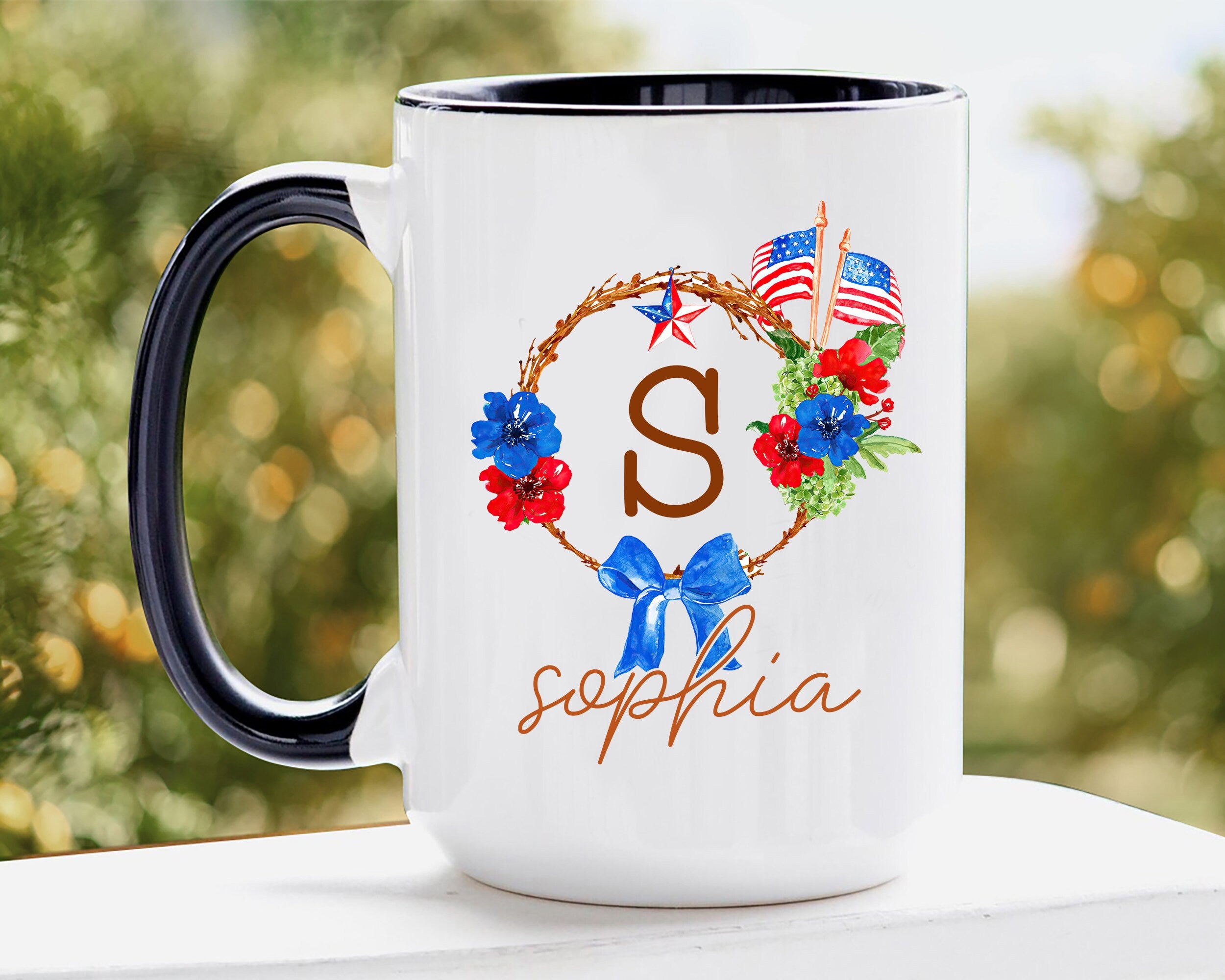 Personalized Flower Mug, 4th of July Flowers Mugs, US Flag Floral Frame Coffee Mug, Custom Name Coffee Cup, Independence Day Gift