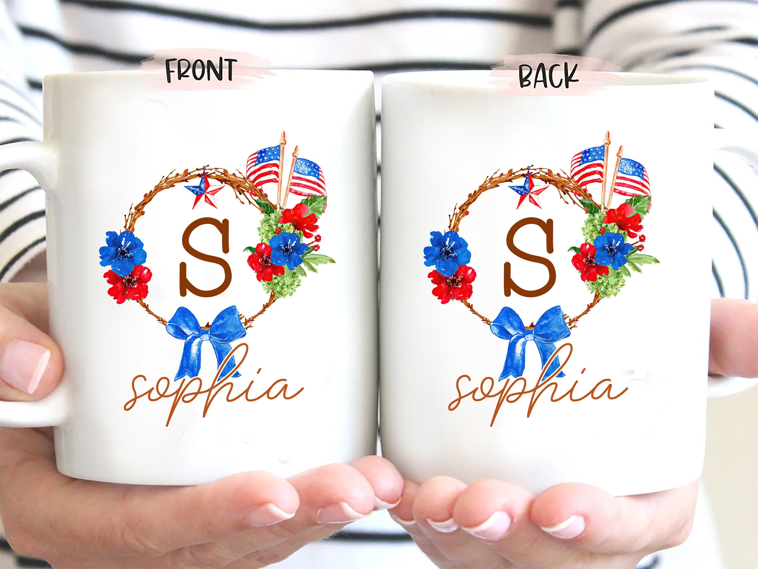 Personalized Flower Mug, 4th of July Flowers Mugs, US Flag Floral Frame Coffee Mug, Custom Name Coffee Cup, Independence Day Gift