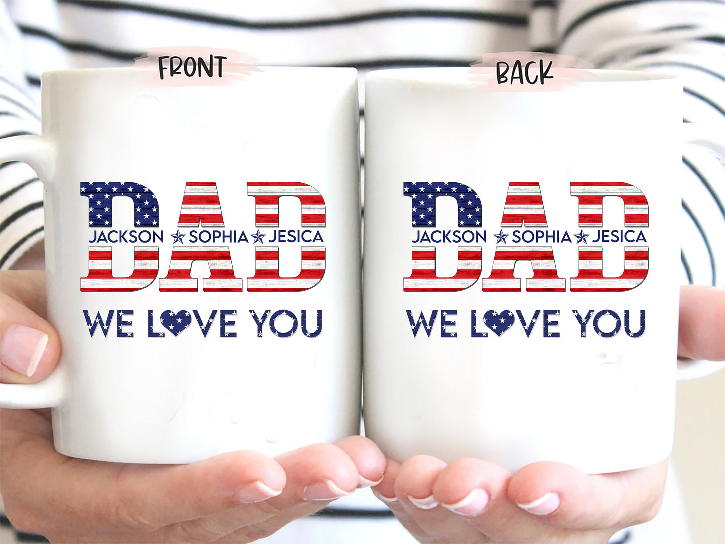 Personalized Dad Mug, Patriotic Dad US Flag Coffee Mug, 4th of July Mugs, Custom Kid's Name Coffee Cup, Gift for Dad, Father's Day Gift