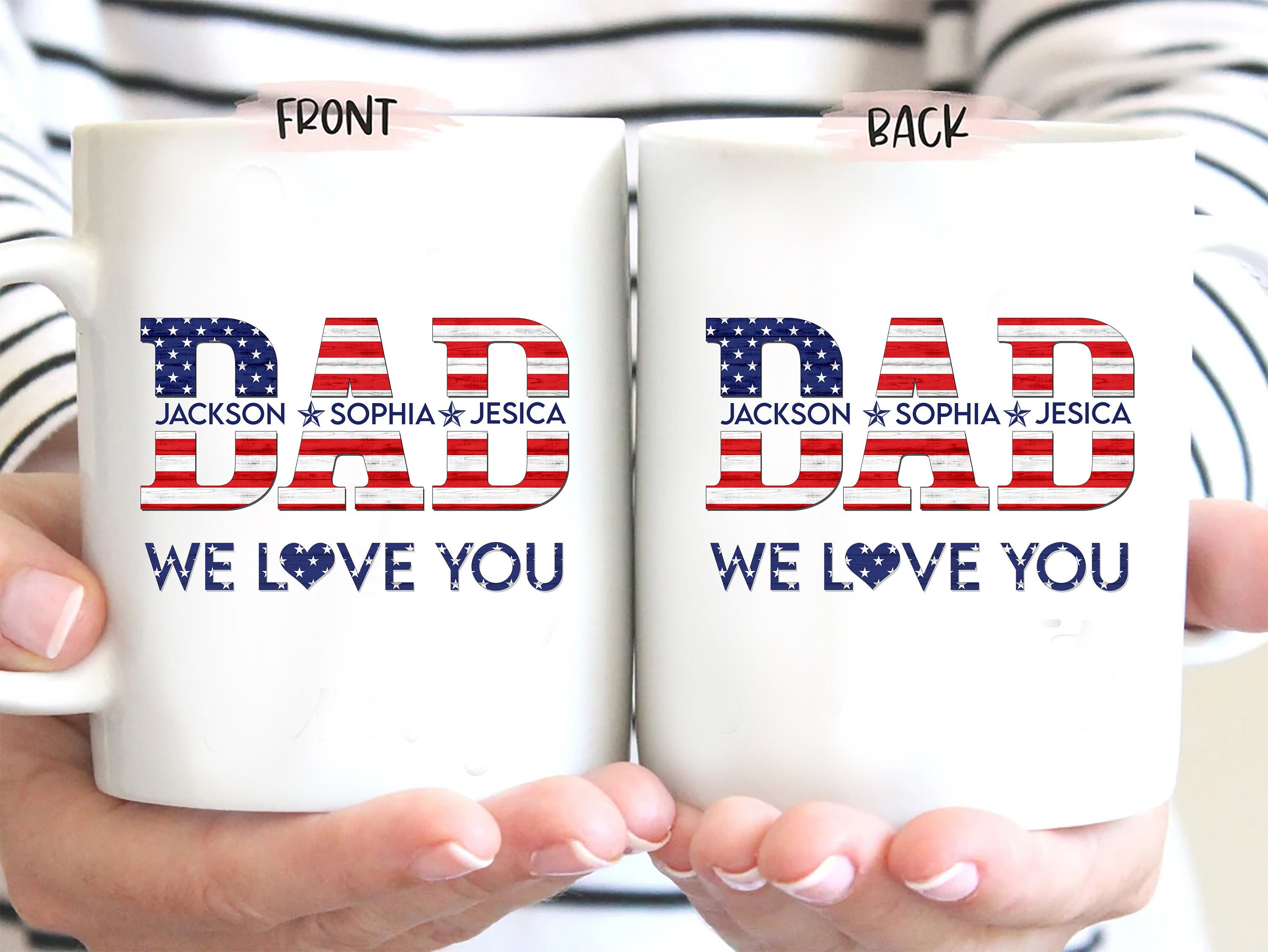 Personalized Dad Mug, Patriotic Dad US Flag Coffee Mug, 4th of July Mugs, Custom Kid's Name Coffee Cup, Gift for Dad, Father's Day Gift