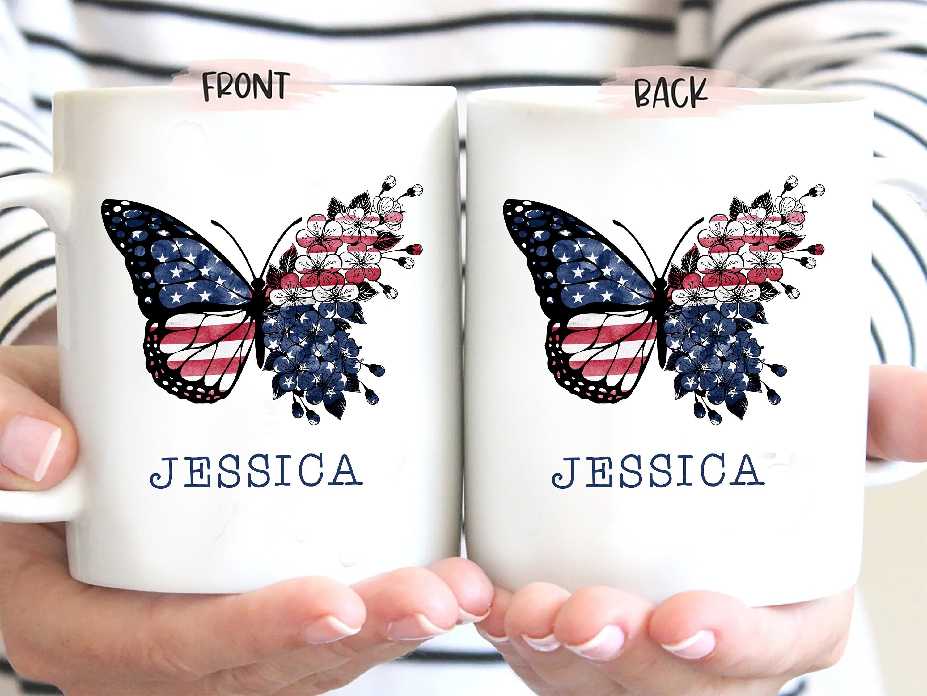 Personalized Butterfly Mug, Butterfly & Flower US Flag Mugs, 4th of July Coffee Mug, Custom Name Coffee Cup, Independence Day Gift