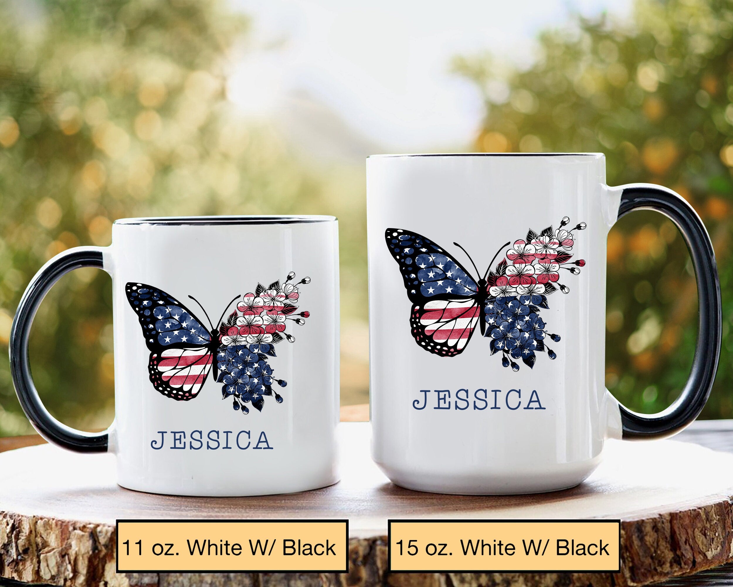 Personalized Butterfly Mug, Butterfly & Flower US Flag Mugs, 4th of July Coffee Mug, Custom Name Coffee Cup, Independence Day Gift