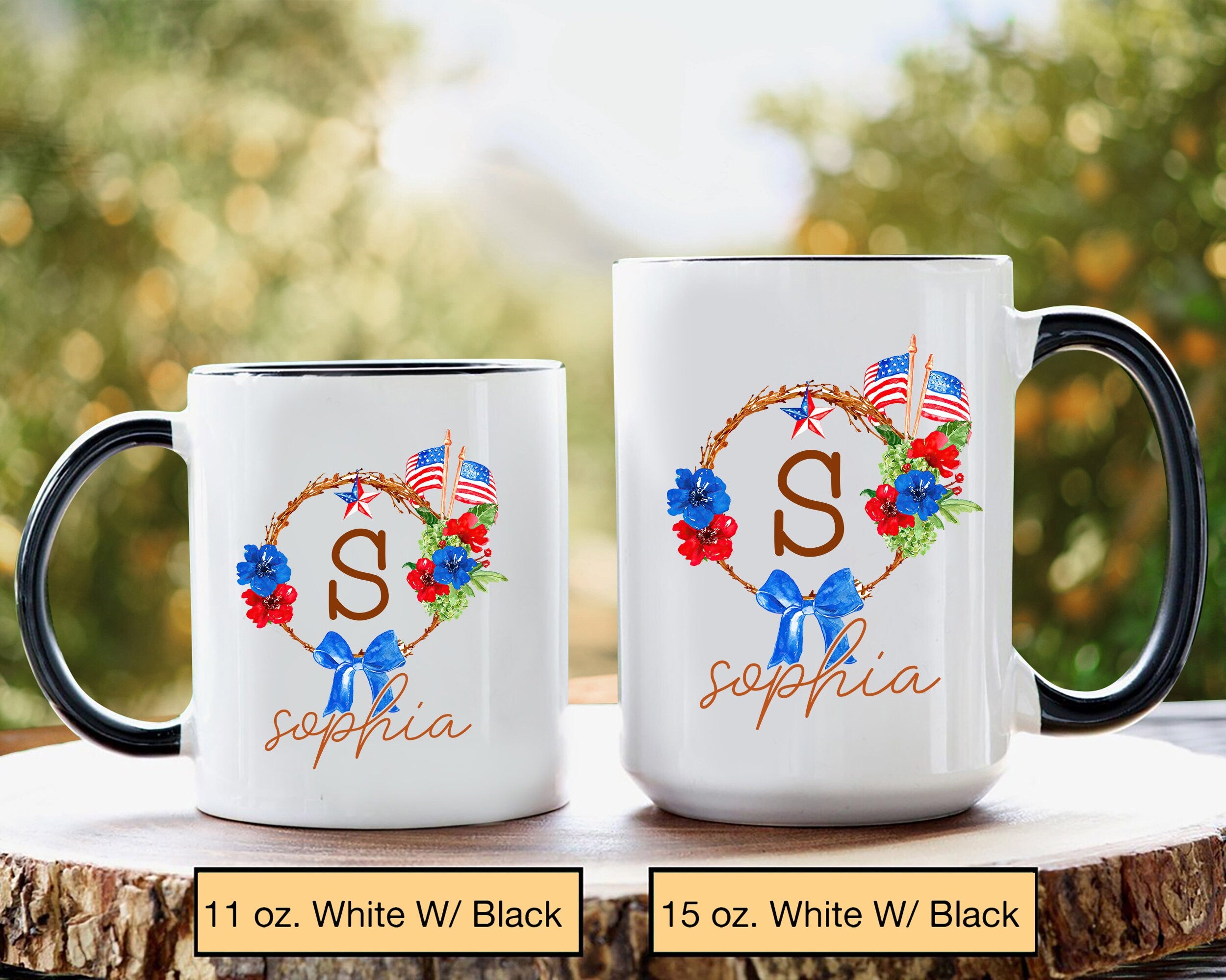 Personalized Flower Mug, 4th of July Flowers Mugs, US Flag Floral Frame Coffee Mug, Custom Name Coffee Cup, Independence Day Gift