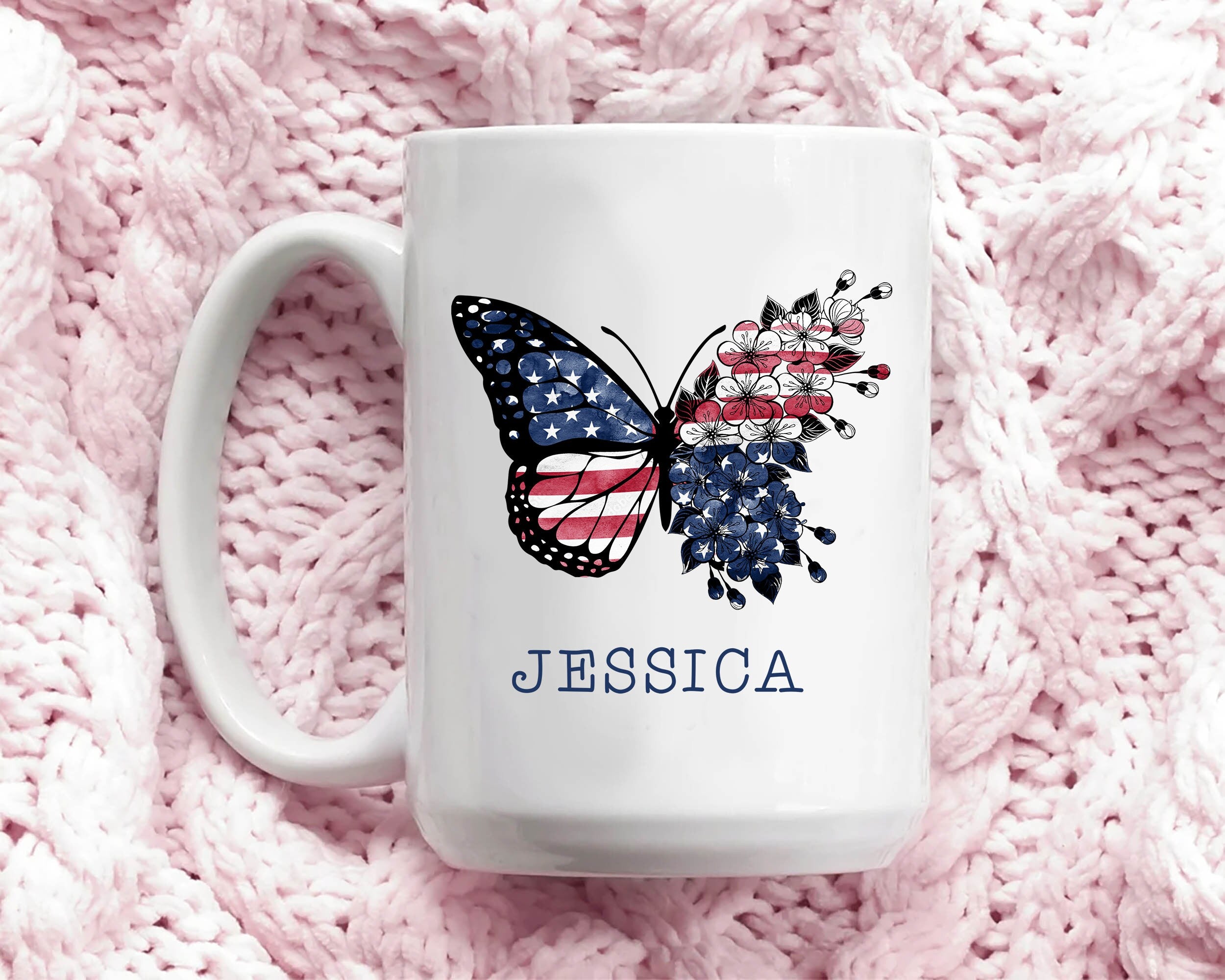 Personalized Butterfly Mug, Butterfly & Flower US Flag Mugs, 4th of July Coffee Mug, Custom Name Coffee Cup, Independence Day Gift