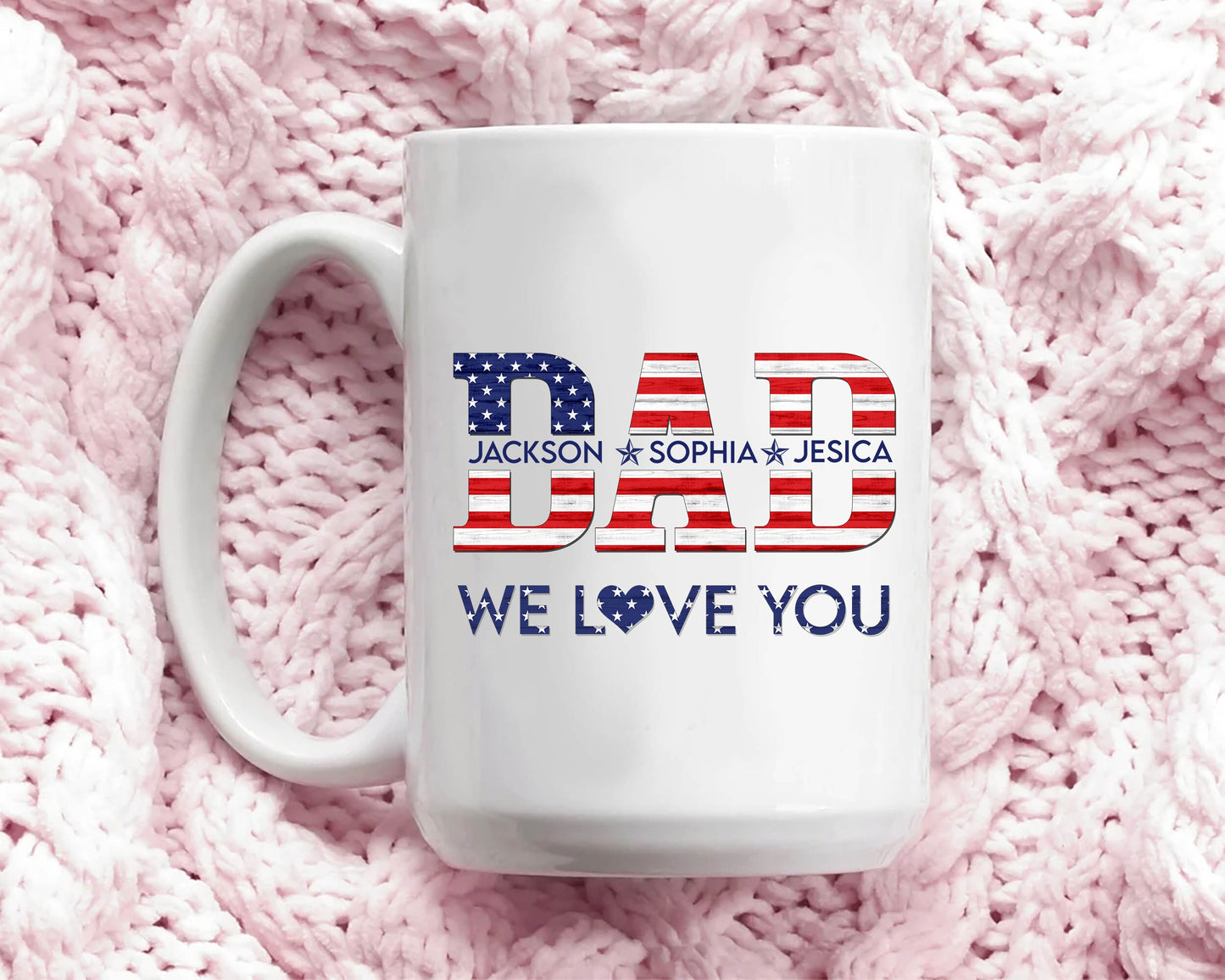 Personalized Dad Mug, Patriotic Dad US Flag Coffee Mug, 4th of July Mugs, Custom Kid's Name Coffee Cup, Gift for Dad, Father's Day Gift