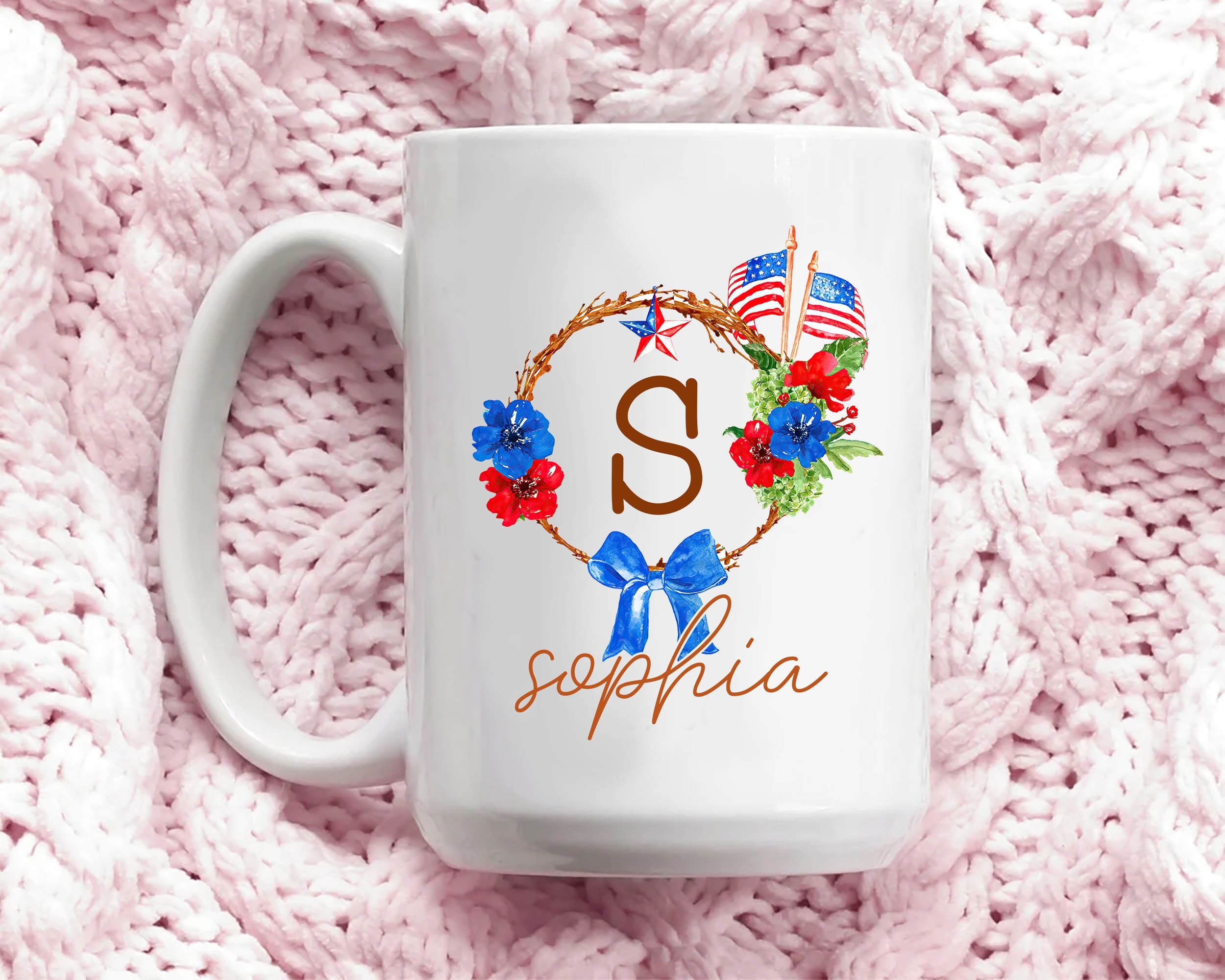 Personalized Flower Mug, 4th of July Flowers Mugs, US Flag Floral Frame Coffee Mug, Custom Name Coffee Cup, Independence Day Gift