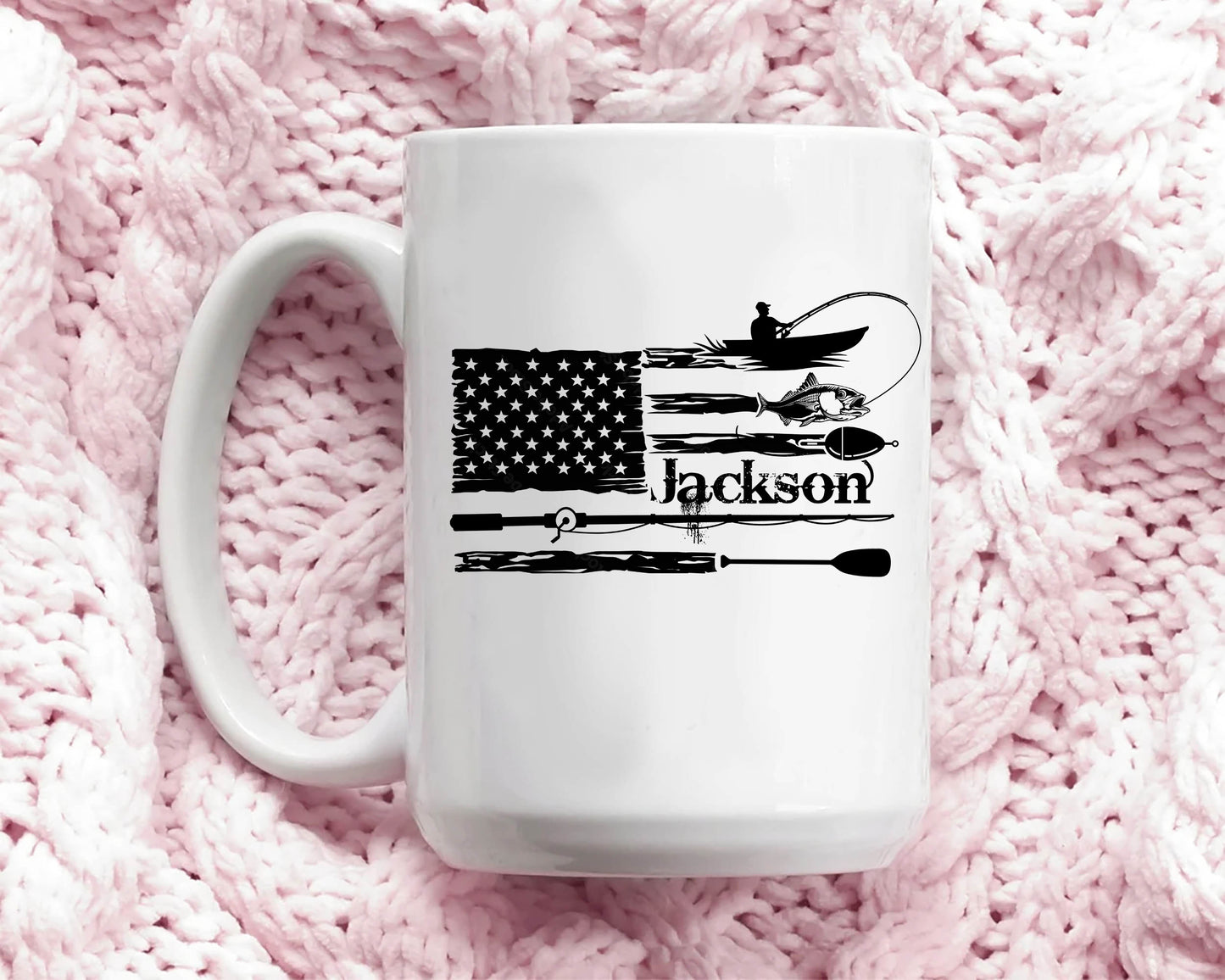 Personalized Fishing Mug, Fishing US Flag Mugs, American Flag Coffee Mug, Custom Name Coffee Cup, Gift for Grandpa, Dad, Husband, Fisherman