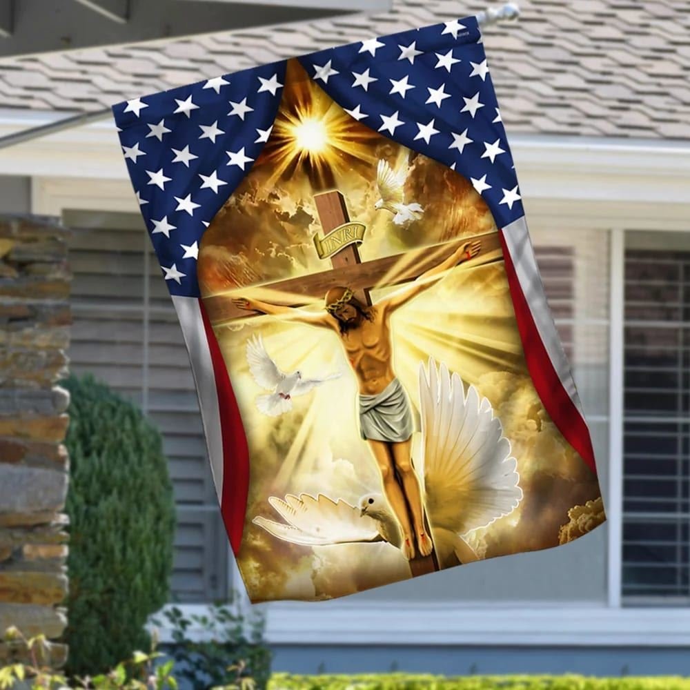 American Flag Christian Outdoor Garden Cross Scripture Banner