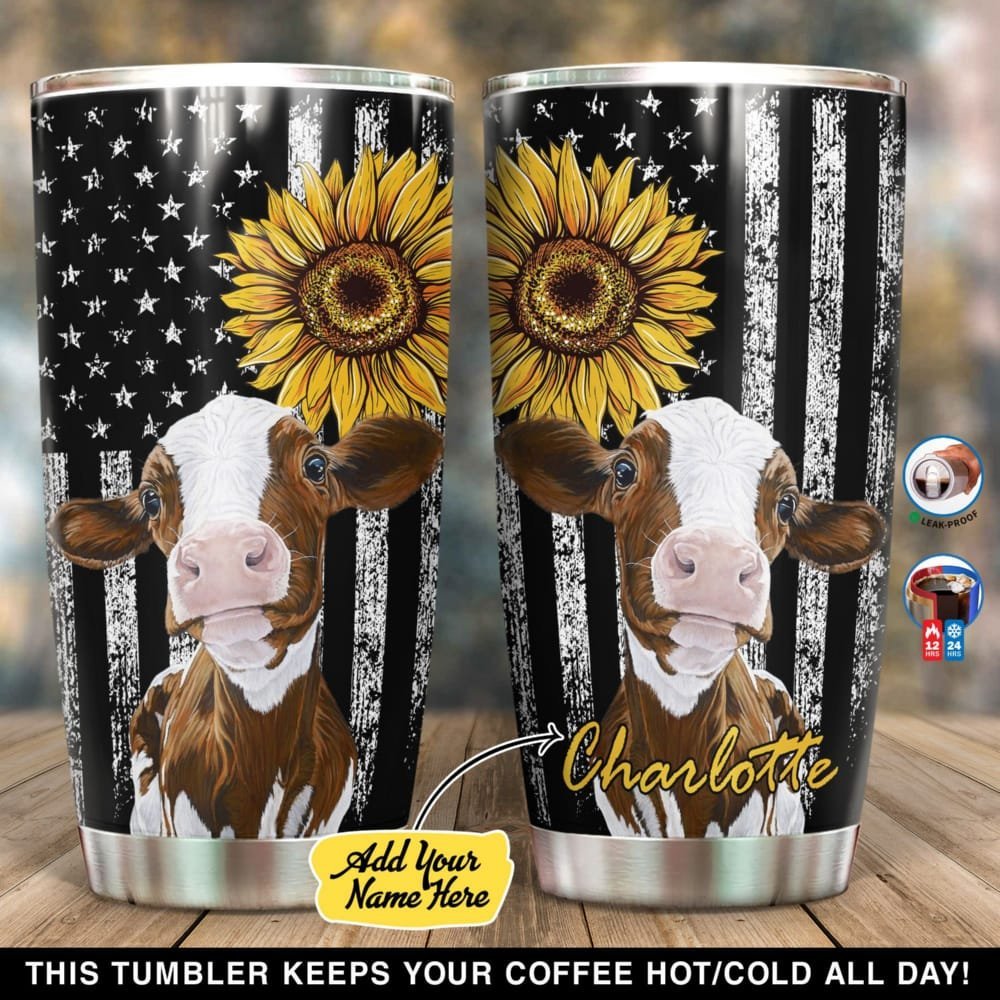 American Flag Sunflower Cow Personalized Tumbler