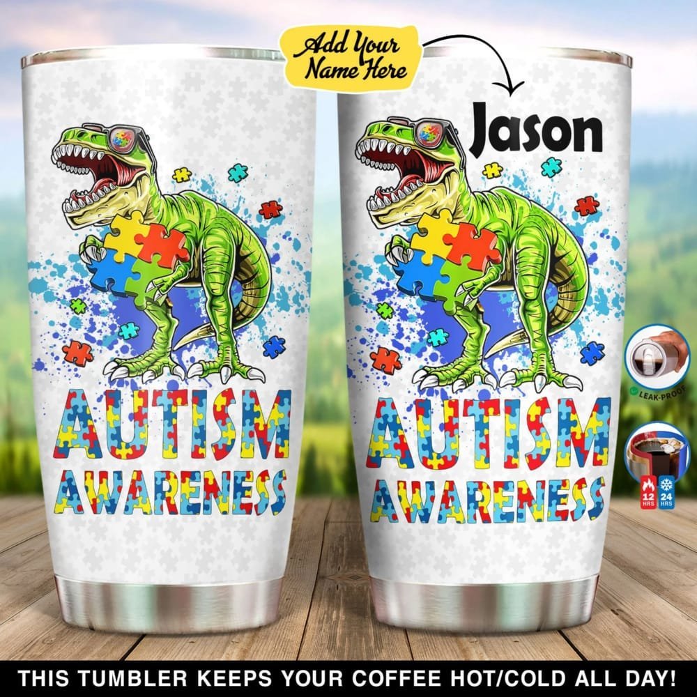 Autism Awareness Dinosaur Personalized Tumbler_y