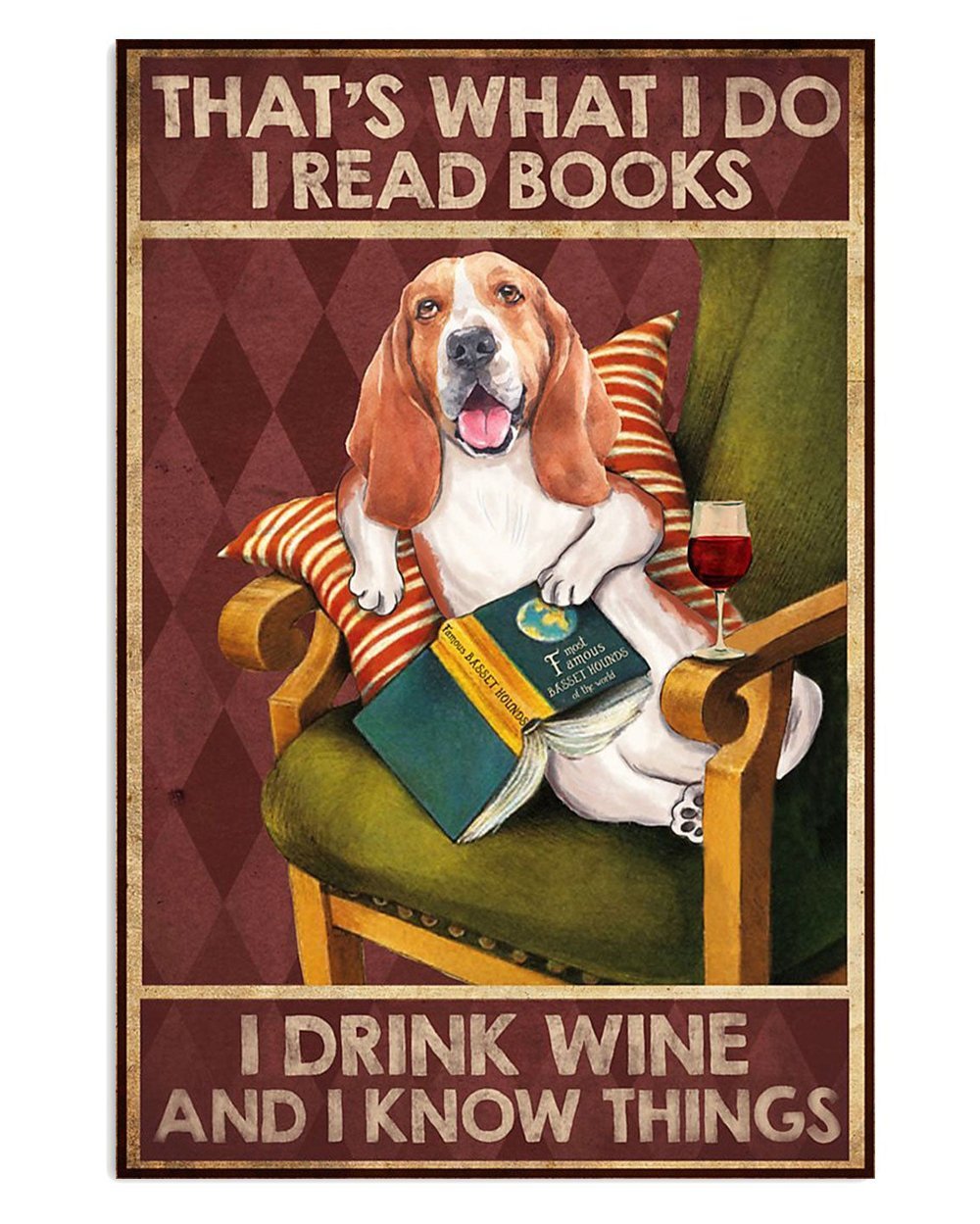 Basset Hound Poster Reading, Wine, Wisdom