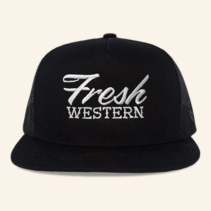 Fresh Western Hat Embroidered FW Trucker Snapback Hat Black And White Gifts For Him - Lilybirchmarket