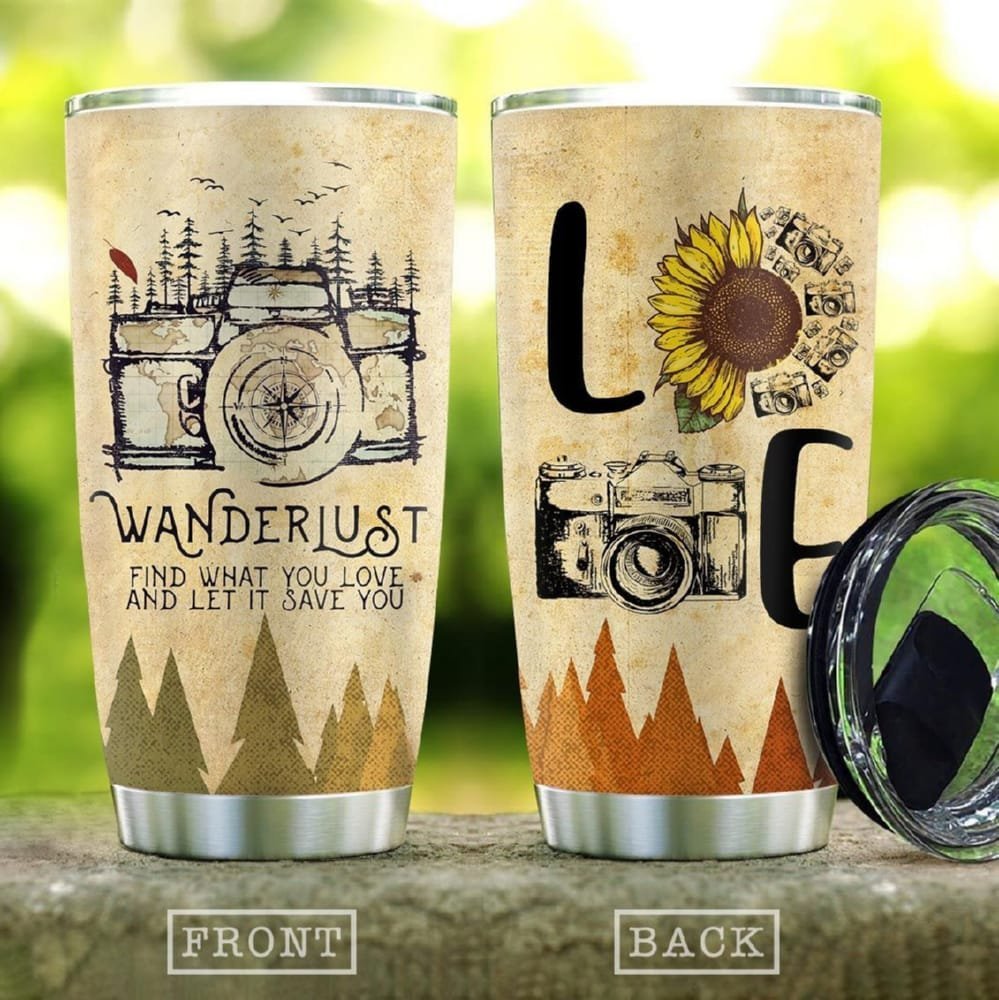 Wanderlust Camera Sunflower Personalized Tumbler