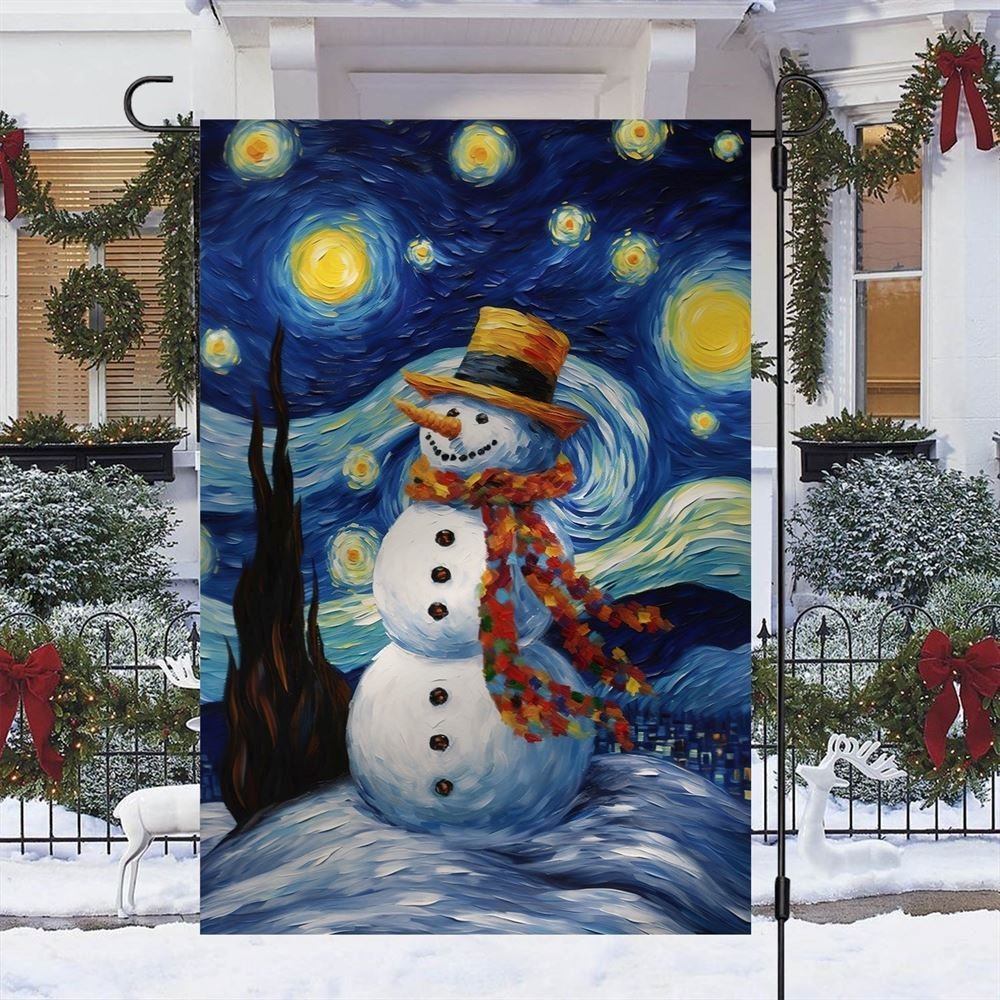 Whimsical Starry Night Snowman Winter Celebration Flag