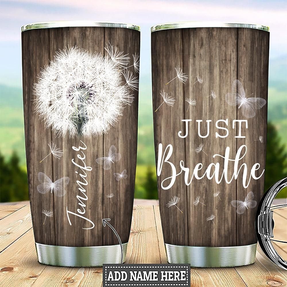 White Dandelion Just Breathe Personalized Tumbler