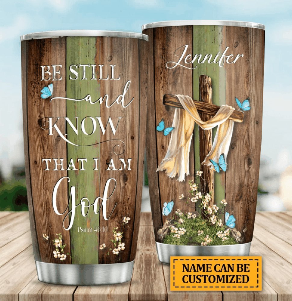 Wooden Cross Be Still Personalized Tumbler