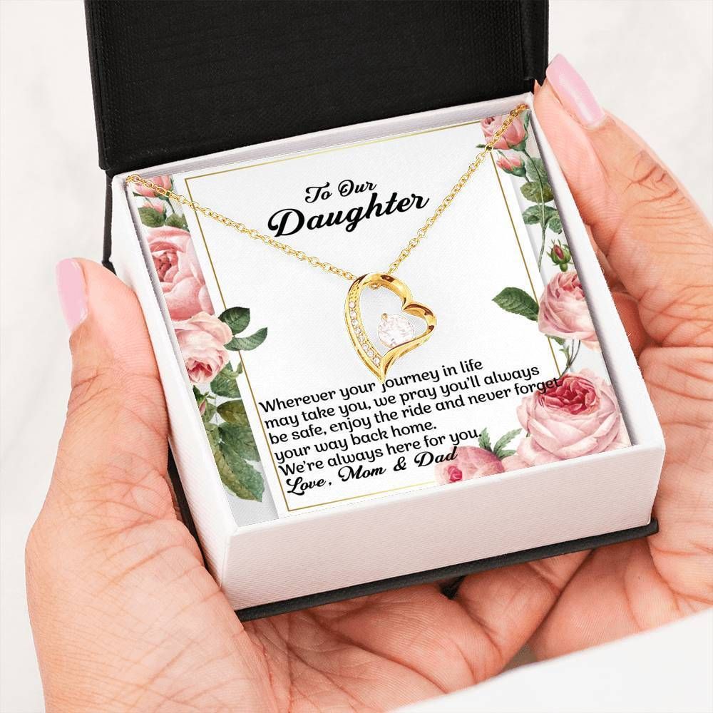 Pink Rose Whenever Your Journey 14K White Gold Forever Love Necklace Gift For Daughter