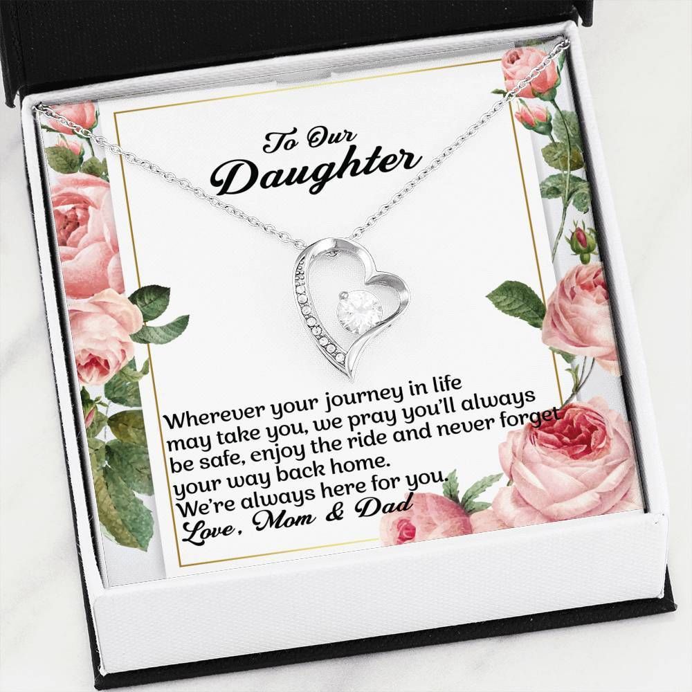 Pink Rose Whenever Your Journey 14K White Gold Forever Love Necklace Gift For Daughter