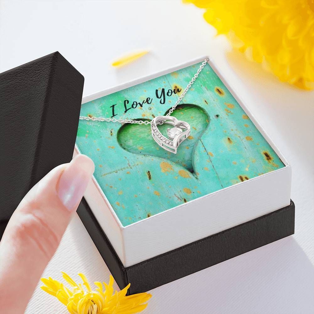 I Love You Green Heart Gift For Girlfriend 14K White Gold Forever Love Necklace